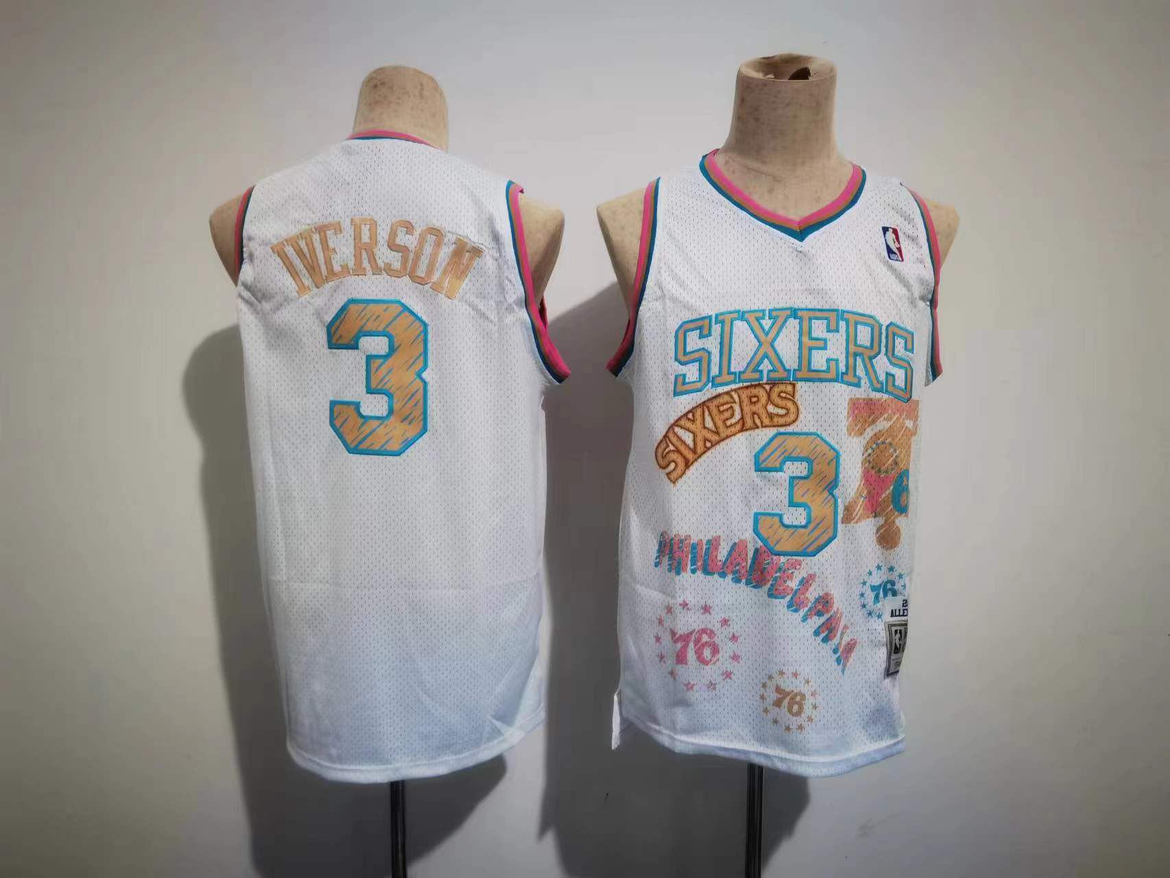 Men Philadelphia 76ers #3 Iverson White Sketching version NBA Jersey->youth nba jersey->Youth Jersey